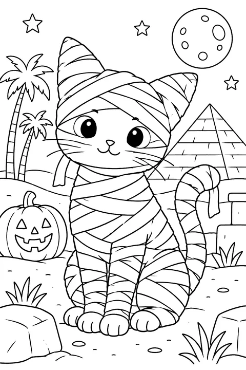 A cat dressed as a mummy coloring page