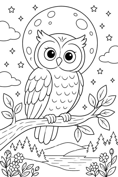 An owl on a branch in front of a full moon coloring page