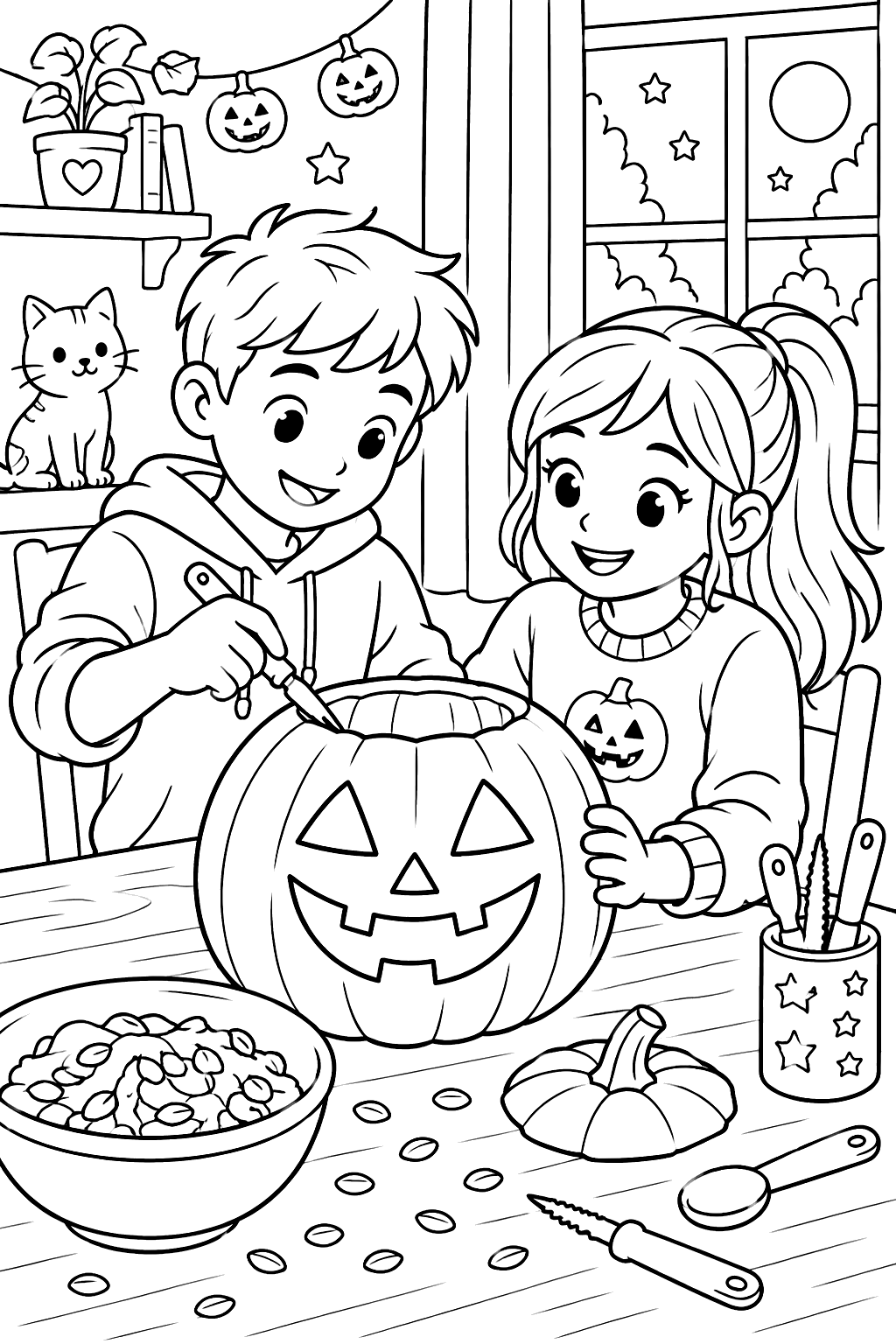 Kids carving a jack-o'-lantern at a table coloring page