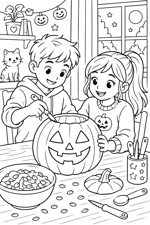 Kids carving a jack-o'-lantern at a table coloring page