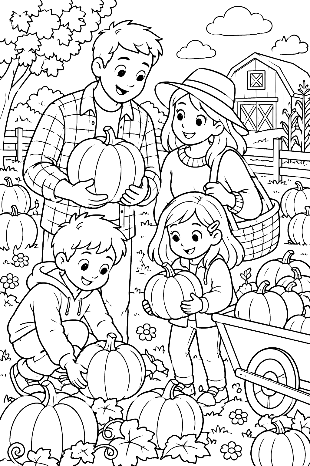 A family choosing pumpkins in a pumpkin patch coloring page