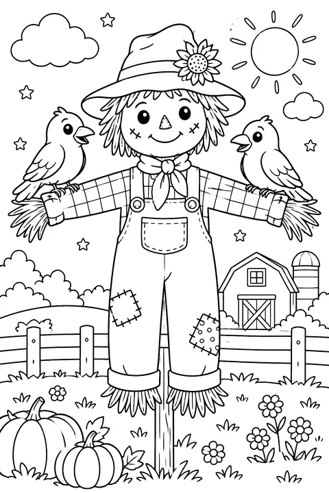 A scarecrow with friendly crows on its arms coloring page