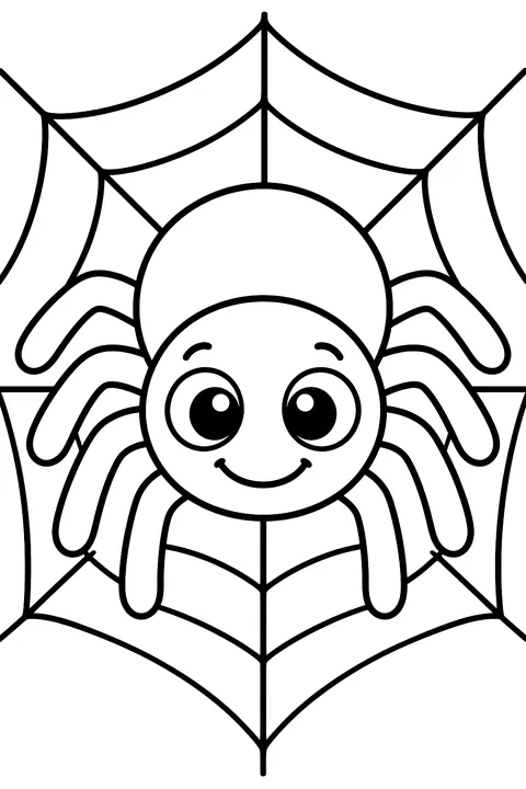 A smiling spider in its web coloring page