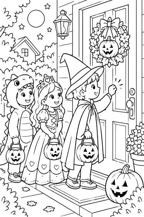 Kids in costumes knocking on a decorated door coloring page