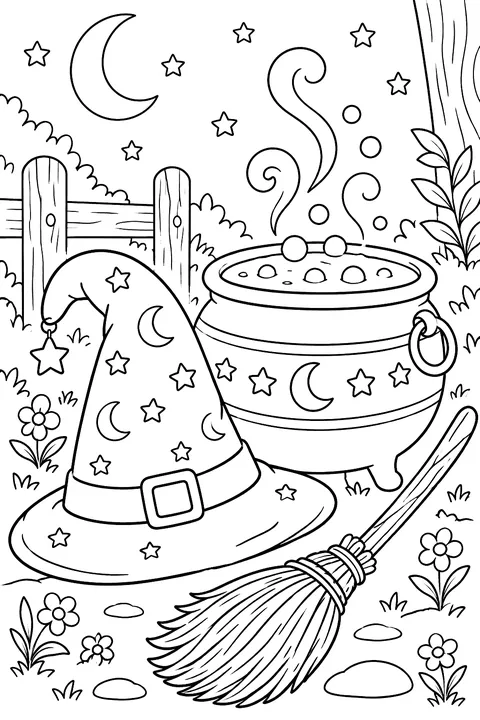 A witch hat, broom and cauldron coloring page
