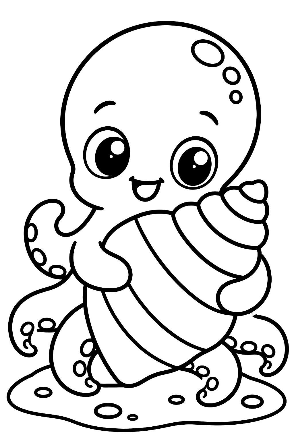 Baby octopus hugging a big seashell on the sand coloring page