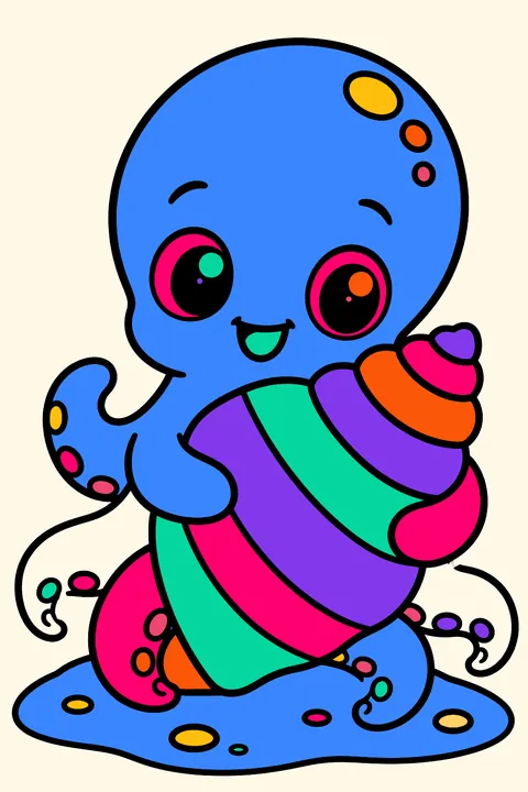 Baby octopus hugging a big seashell on the sand coloring page