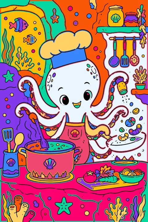 Octopus chef cooking with pots and pans in an underwater kitchen coloring page