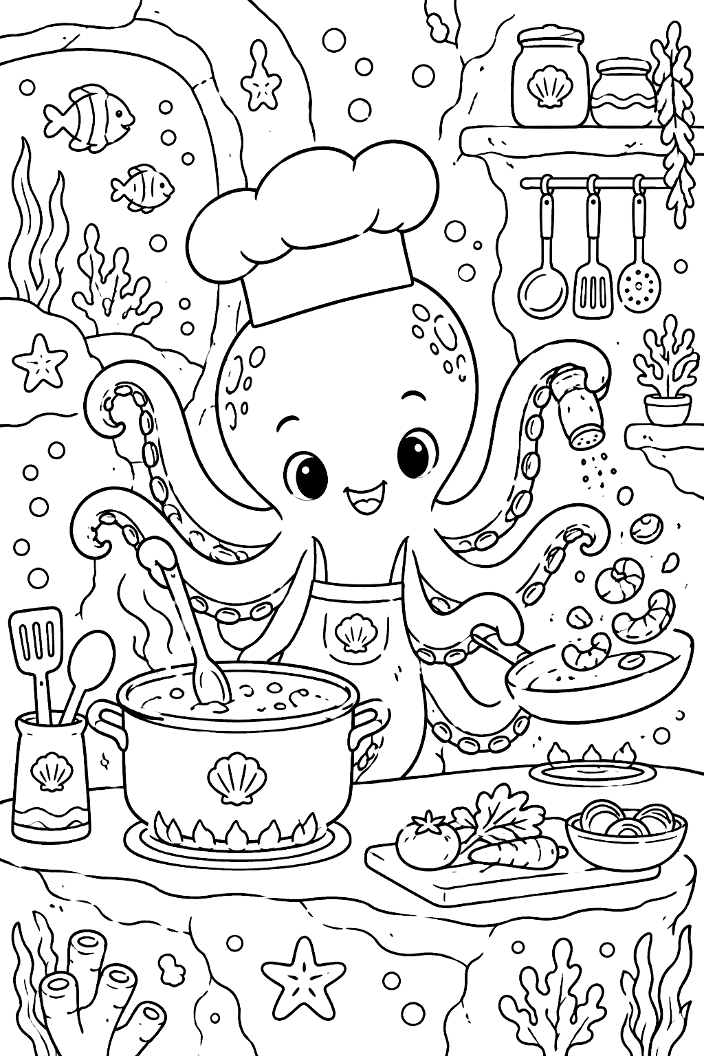 Octopus chef cooking with pots and pans in an underwater kitchen coloring page