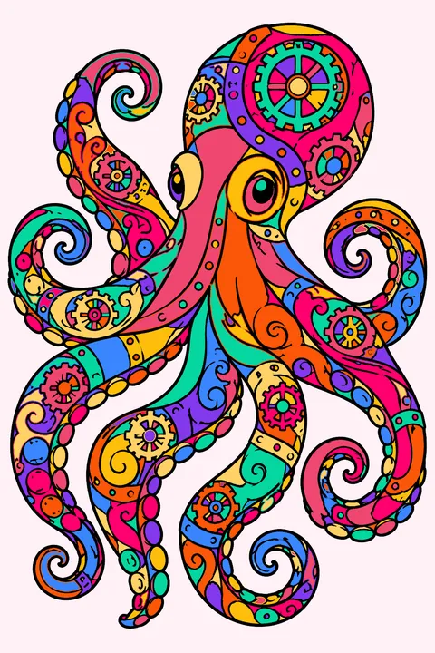 Octopus with ornate clockwork gears, rivets and swirling detailed tentacles coloring page