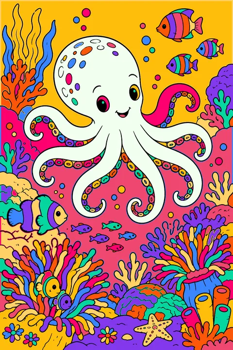 Octopus swimming over a coral reef with fish and sea anemones coloring page