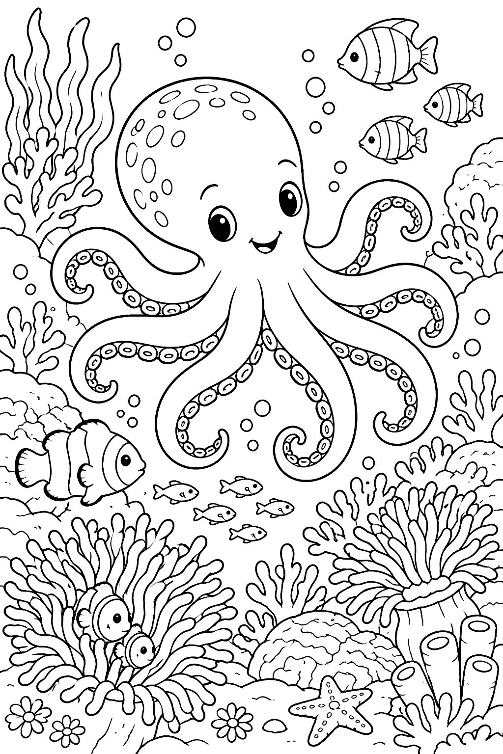 Octopus swimming over a coral reef with fish and sea anemones coloring page