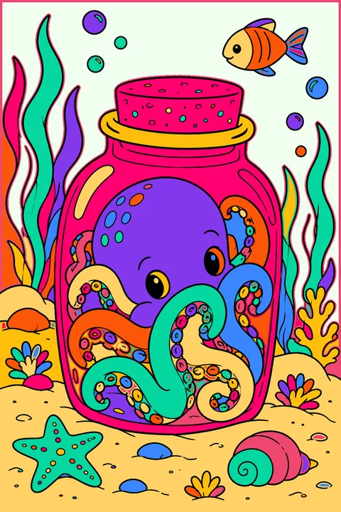 Octopus hiding inside a glass jar on the sandy ocean floor coloring page