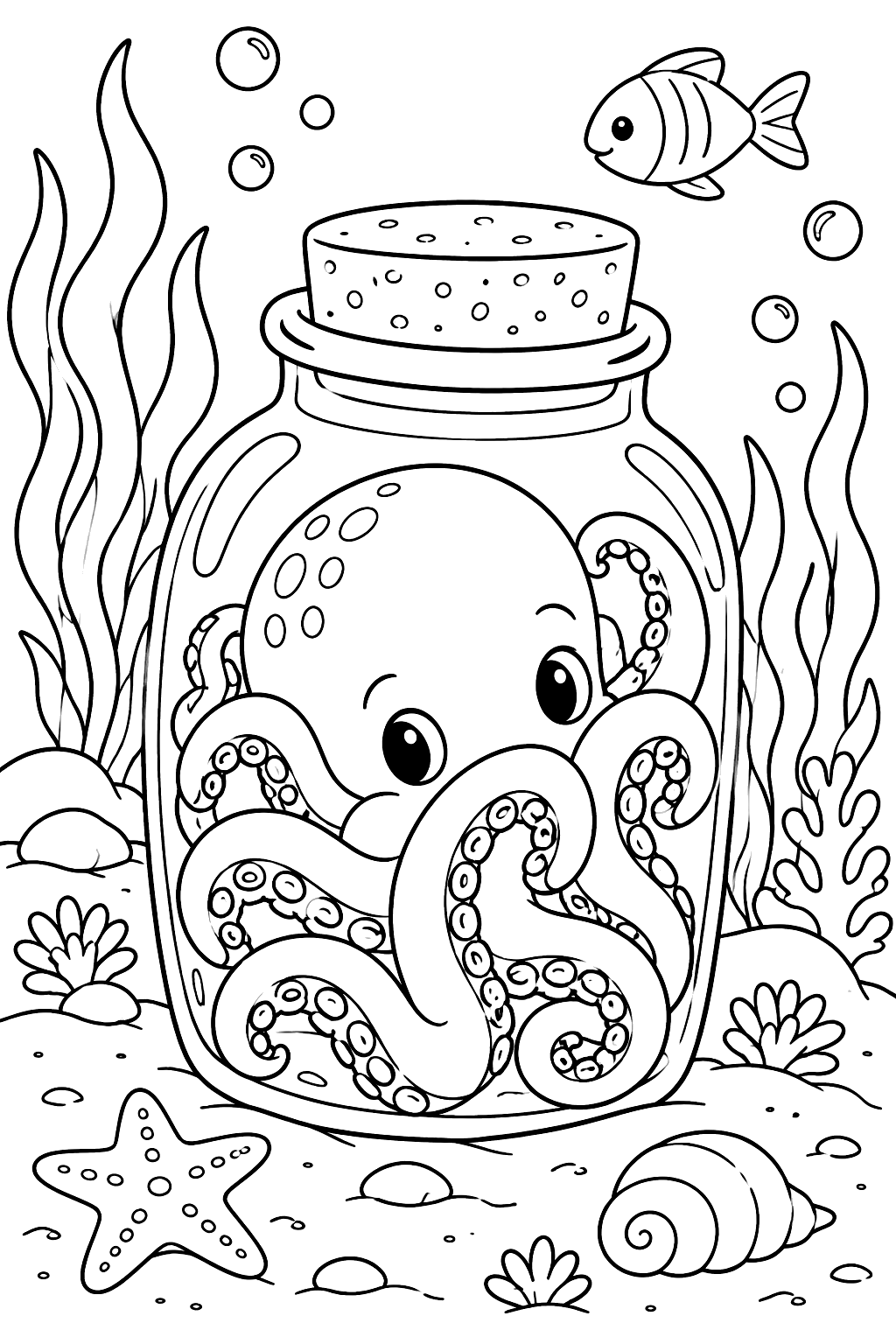 Octopus hiding inside a glass jar on the sandy ocean floor coloring page
