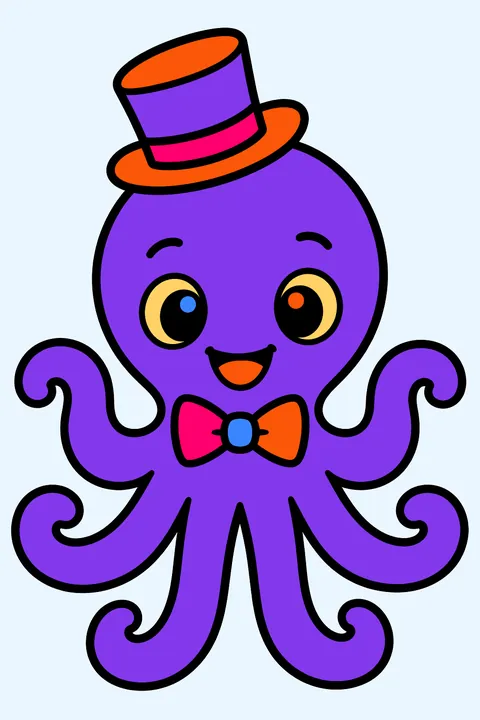 Octopus wearing a little top hat and a bow tie coloring page