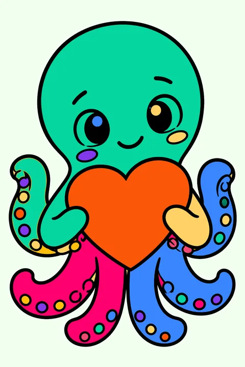 Octopus holding a big heart with a shy smile coloring page
