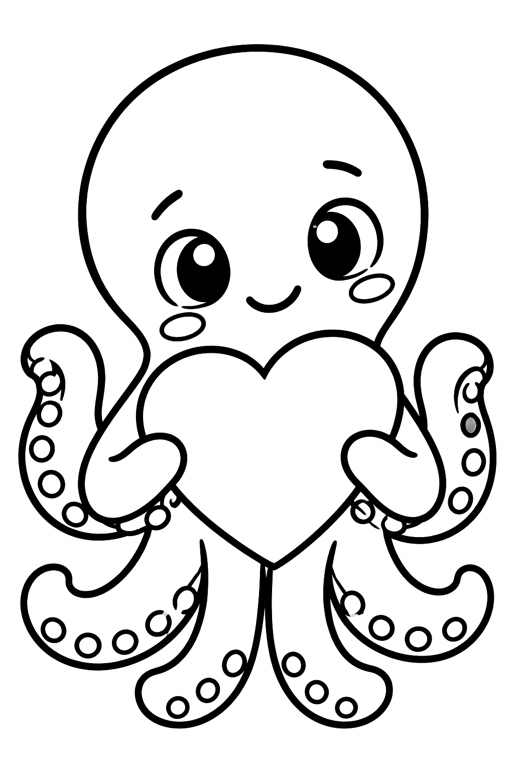 Octopus holding a big heart with a shy smile coloring page
