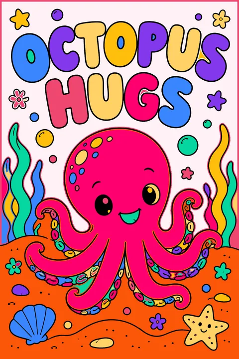 Octopus hugs written in big bubble letters with a smiling octopus underneath coloring page