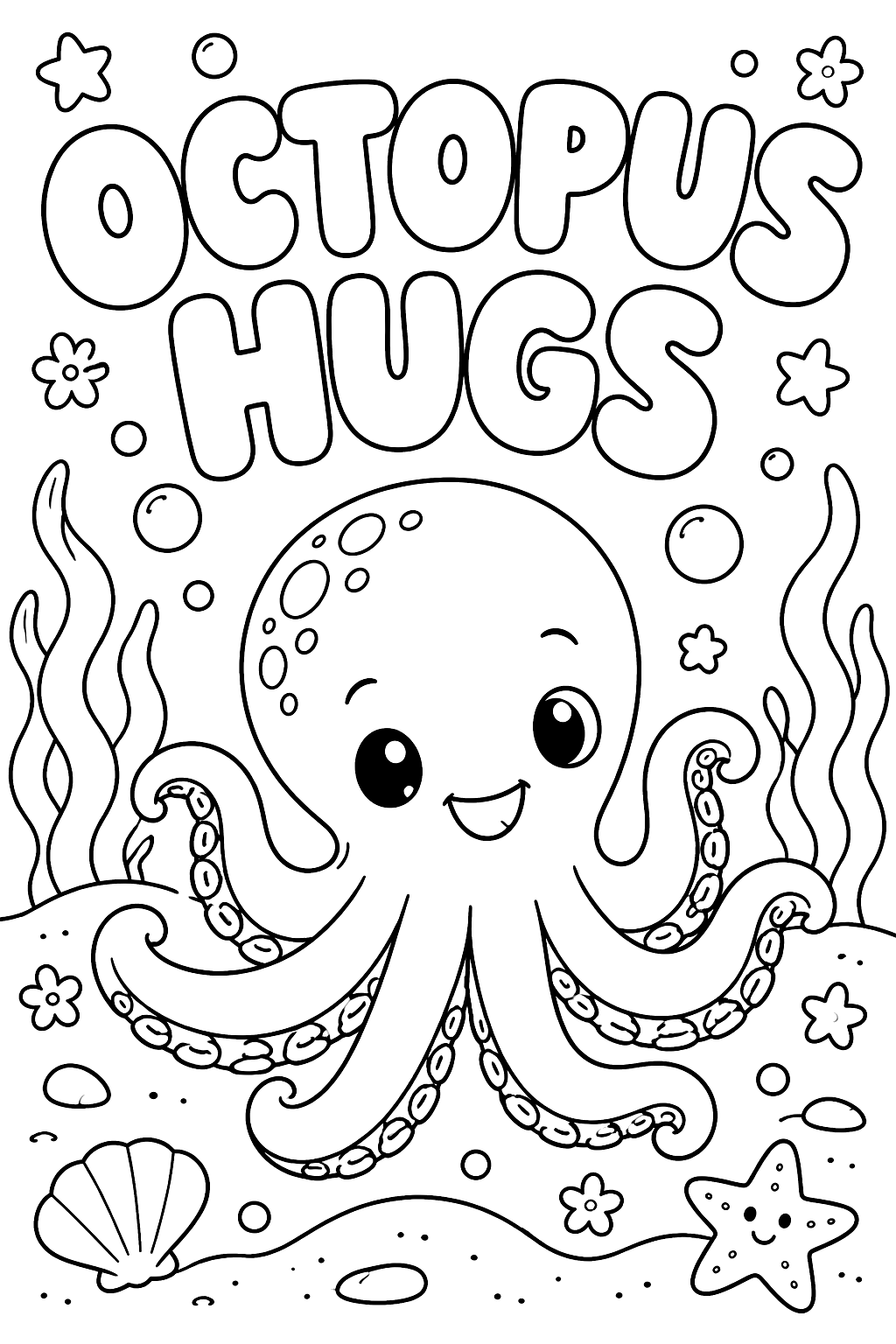 Octopus hugs written in big bubble letters with a smiling octopus underneath coloring page