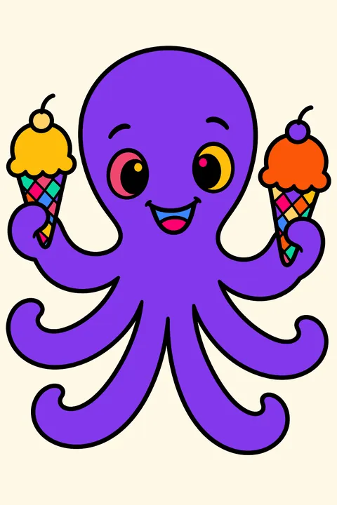 Octopus holding an ice cream cone in each of its arms coloring page