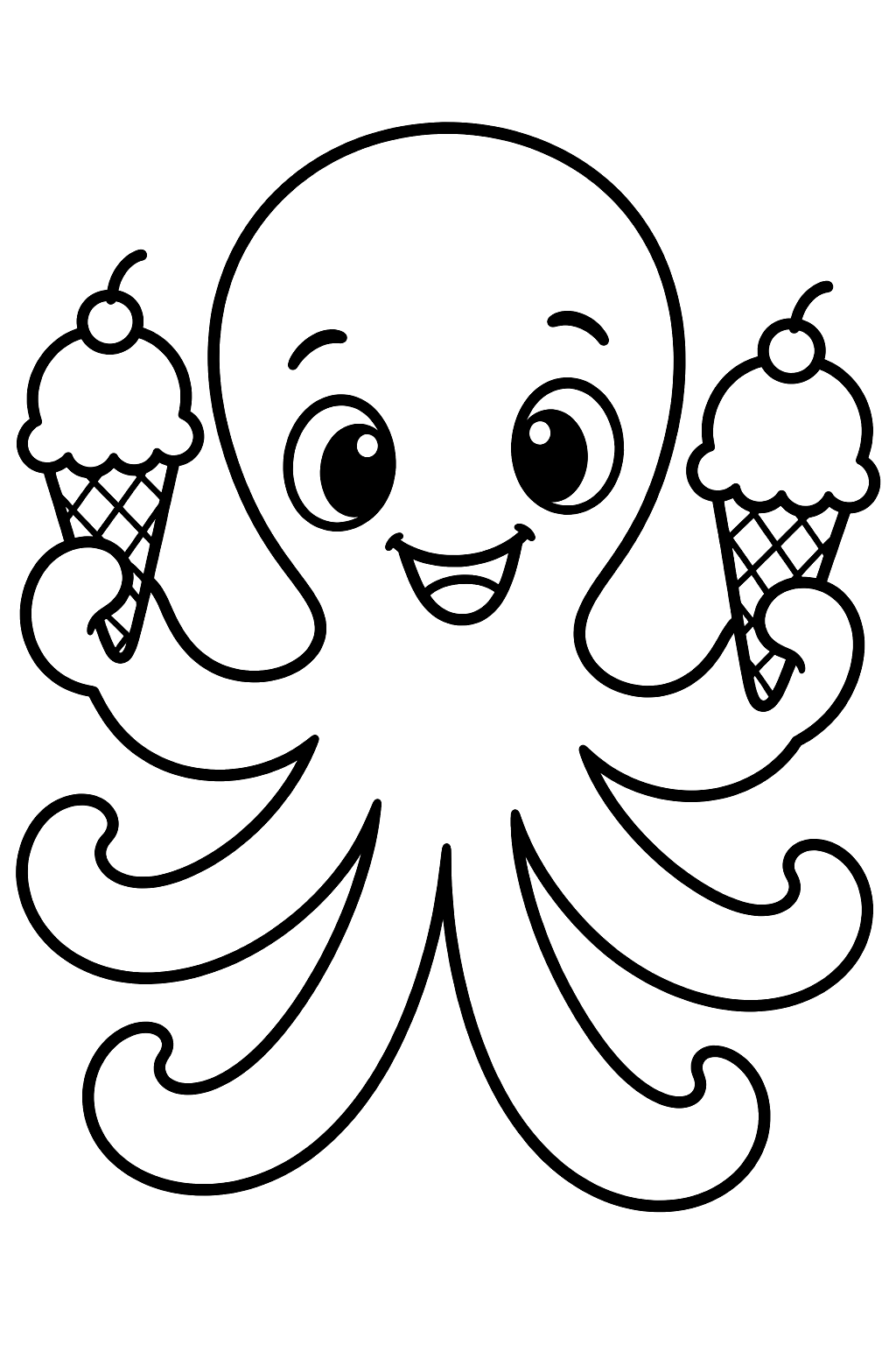 Octopus holding an ice cream cone in each of its arms coloring page