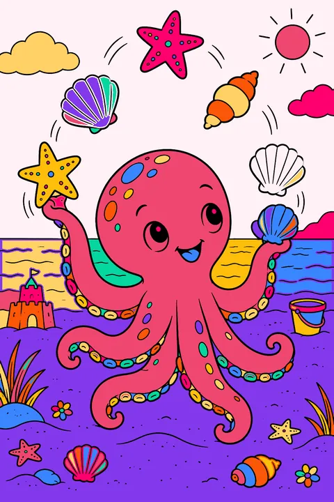 Octopus juggling starfish and shells on a sandy beach coloring page