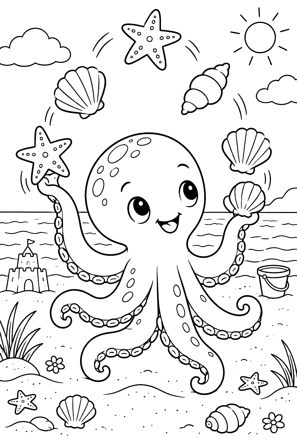Octopus juggling starfish and shells on a sandy beach coloring page