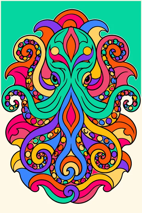 Octopus mandala with curling tentacles, suckers and ornate wave patterns coloring page