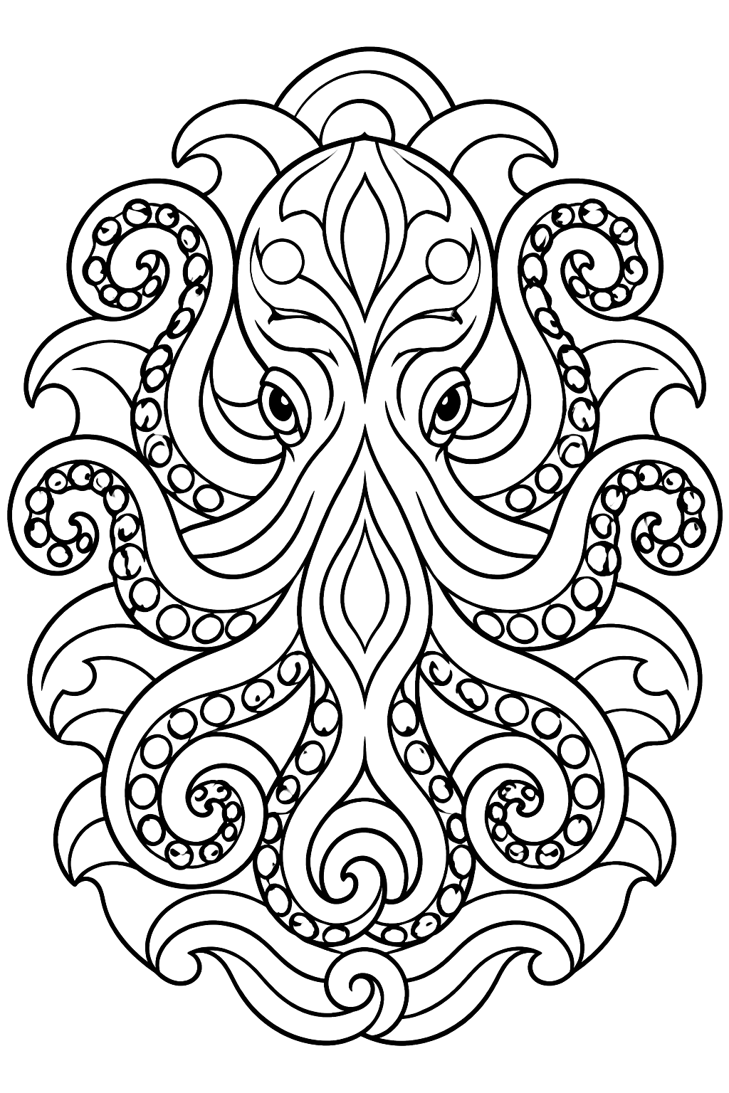 Octopus mandala with curling tentacles, suckers and ornate wave patterns coloring page