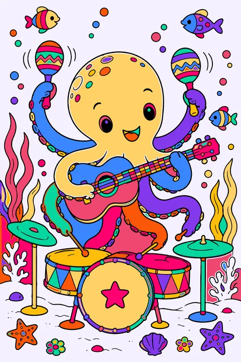 Octopus playing drums, guitar and maracas at the same time underwater coloring page