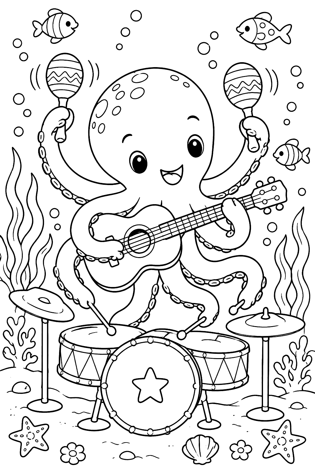 Octopus playing drums, guitar and maracas at the same time underwater coloring page