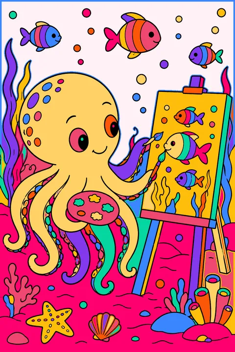 Octopus painting a picture of fish at an easel underwater coloring page