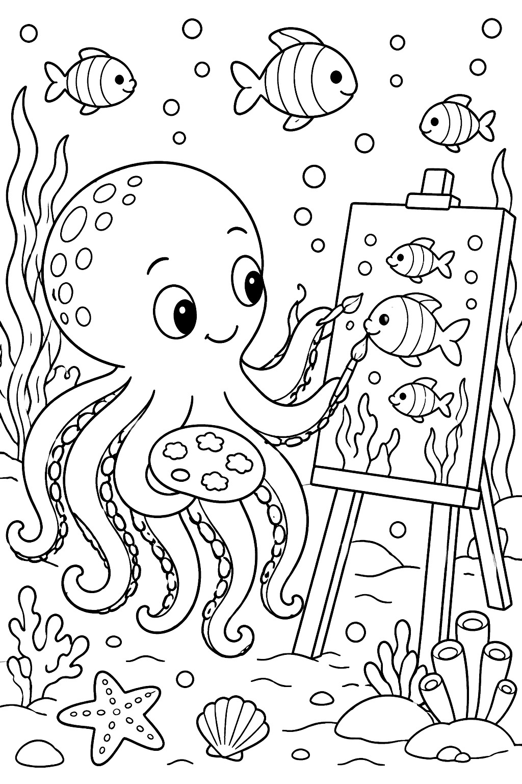 Octopus painting a picture of fish at an easel underwater coloring page