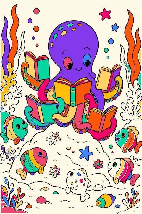 Octopus reading several books at once on a rock with fish listening coloring page