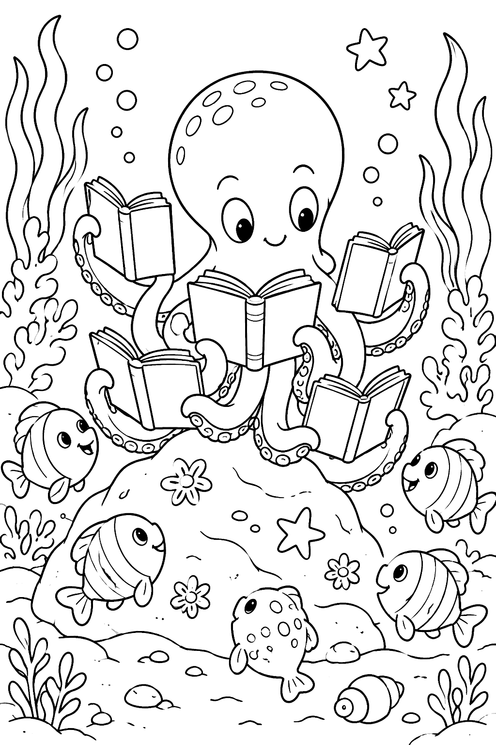 Octopus reading several books at once on a rock with fish listening coloring page
