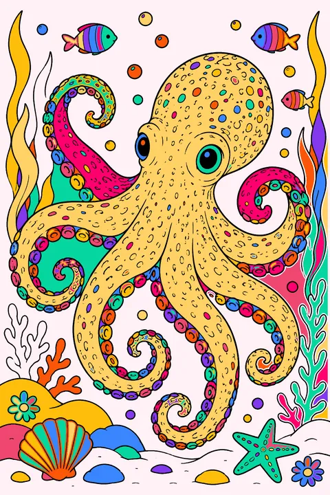 Octopus realistic portrait with textured skin, curling arms and rows of suckers coloring page