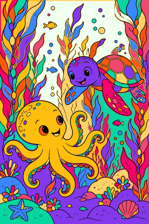 Octopus and sea turtle friends playing tag around a kelp forest coloring page