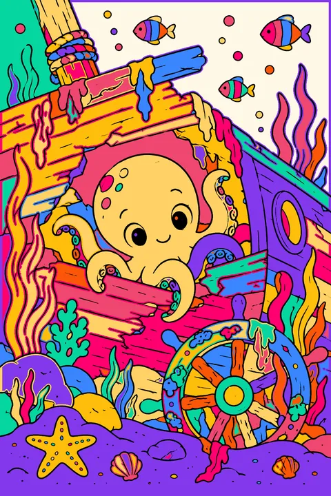 Octopus peeking out of a sunken shipwreck with seaweed and a ship's wheel coloring page
