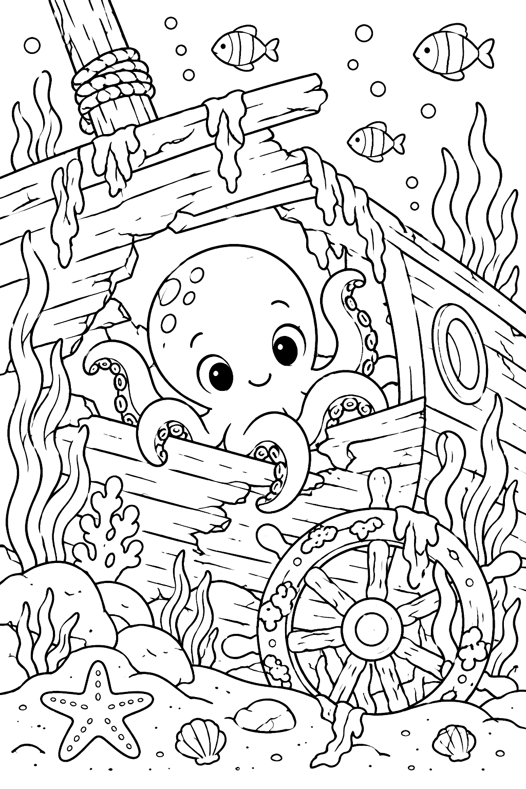 Octopus peeking out of a sunken shipwreck with seaweed and a ship's wheel coloring page