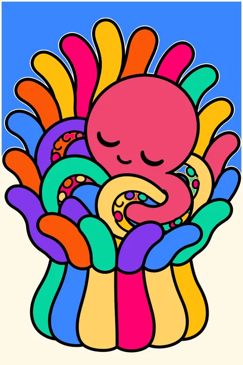 Octopus sleeping curled up in a cozy sea anemone coloring page