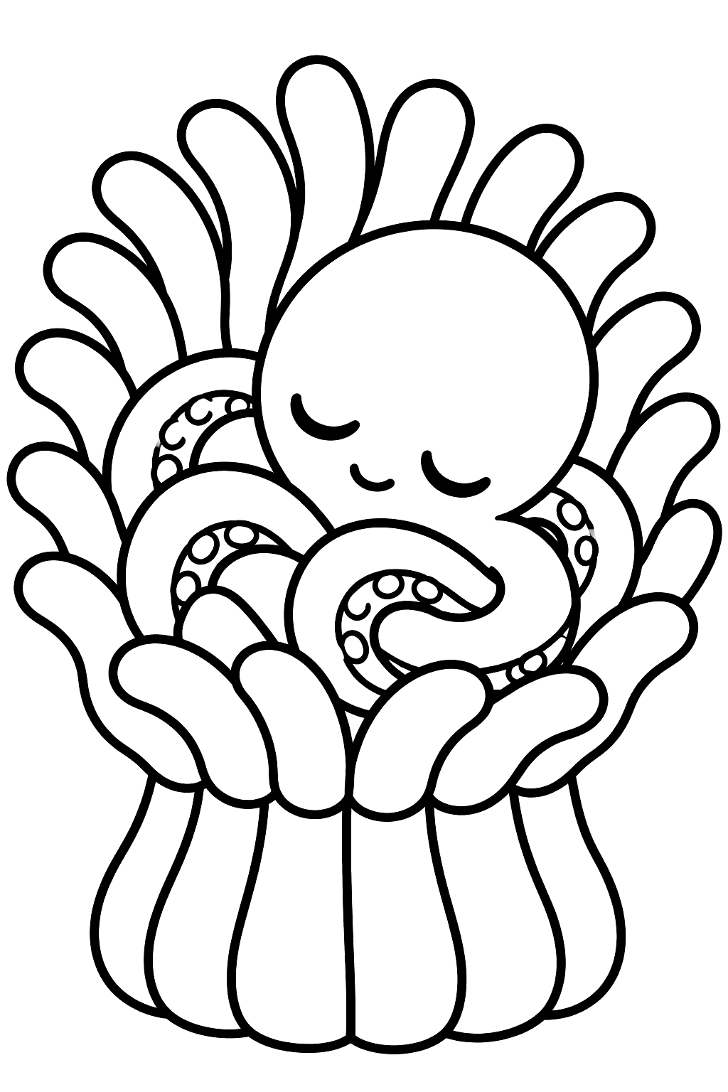 Octopus sleeping curled up in a cozy sea anemone coloring page