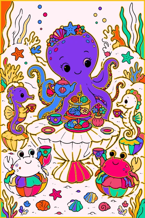 Octopus tea party with crabs and seahorses around a shell table coloring page