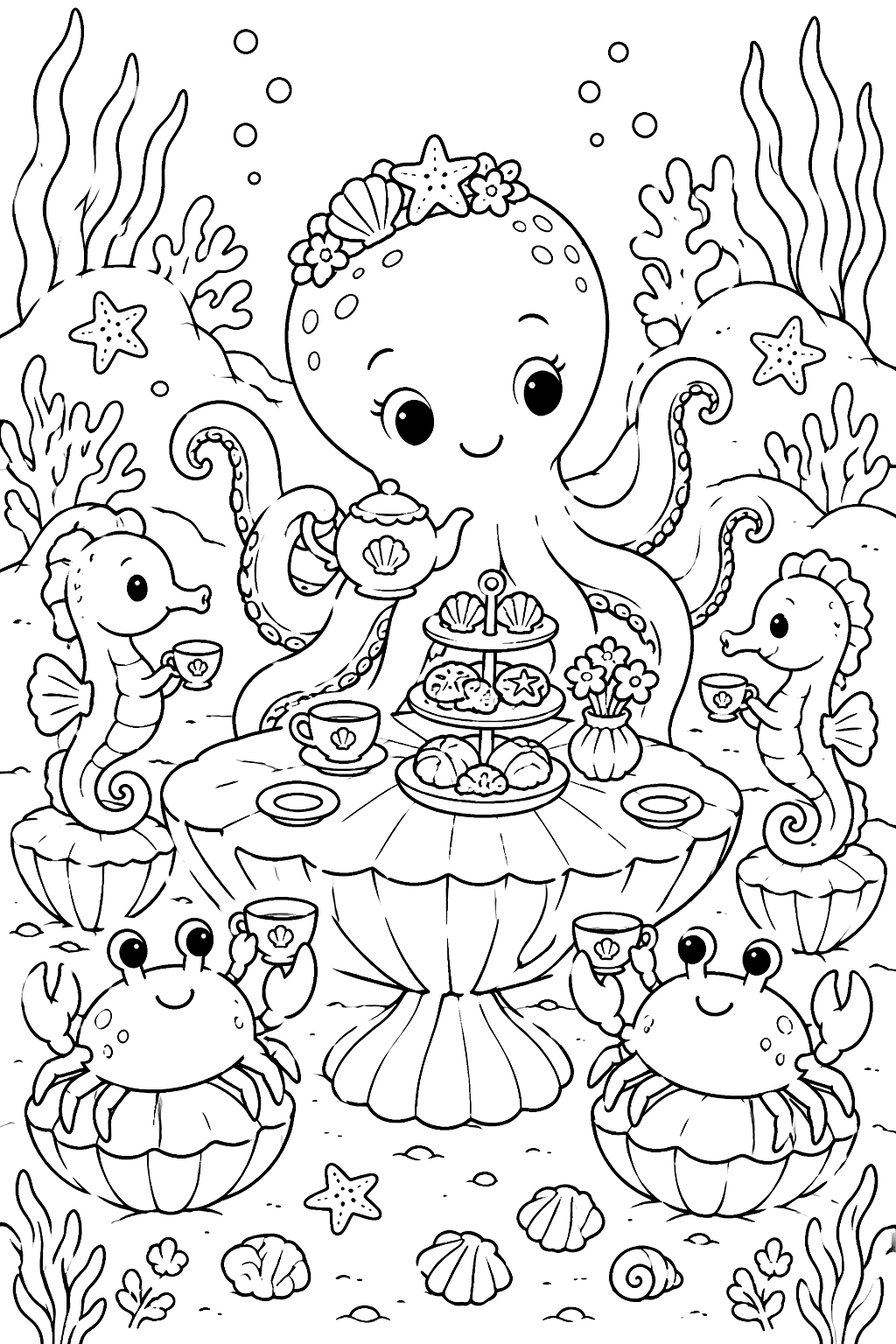 Octopus tea party with crabs and seahorses around a shell table coloring page