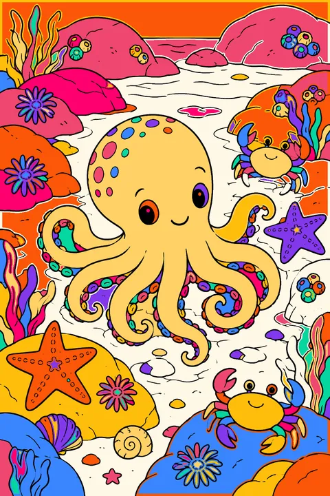 Octopus in a tide pool with starfish, crabs and smooth rocks coloring page