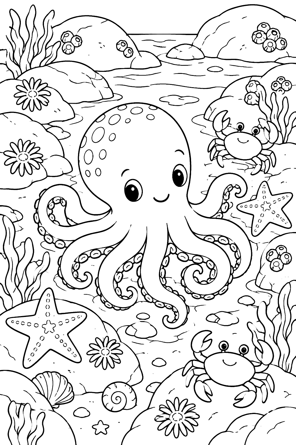 Octopus in a tide pool with starfish, crabs and smooth rocks coloring page