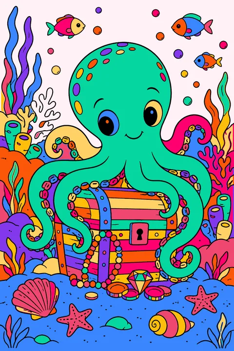 Octopus guarding a treasure chest on the sea floor with coral and shells coloring page