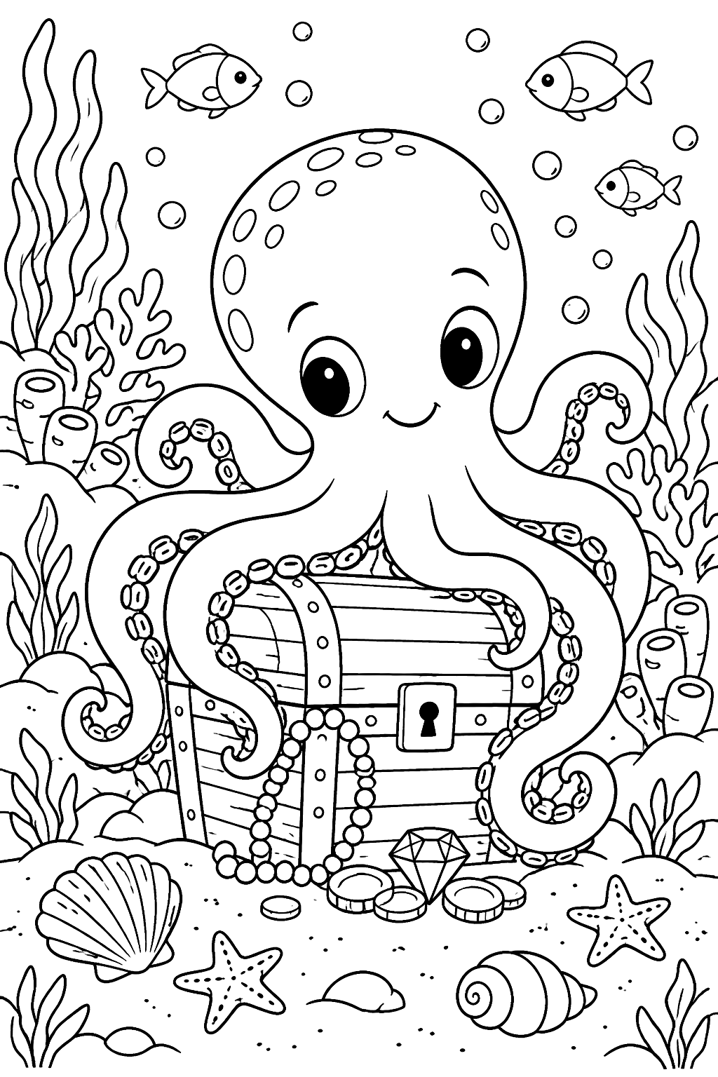 Octopus guarding a treasure chest on the sea floor with coral and shells coloring page