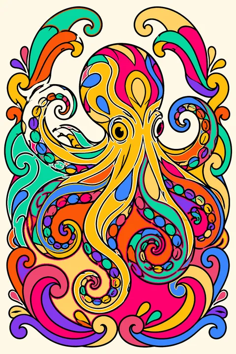 Octopus in an ornate frame of curling ocean waves and intricate swirls coloring page