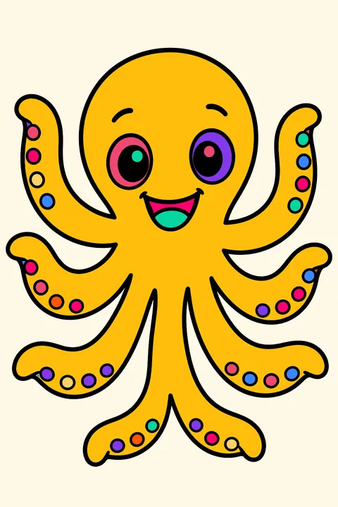 Octopus smiling and waving all eight arms hello coloring page