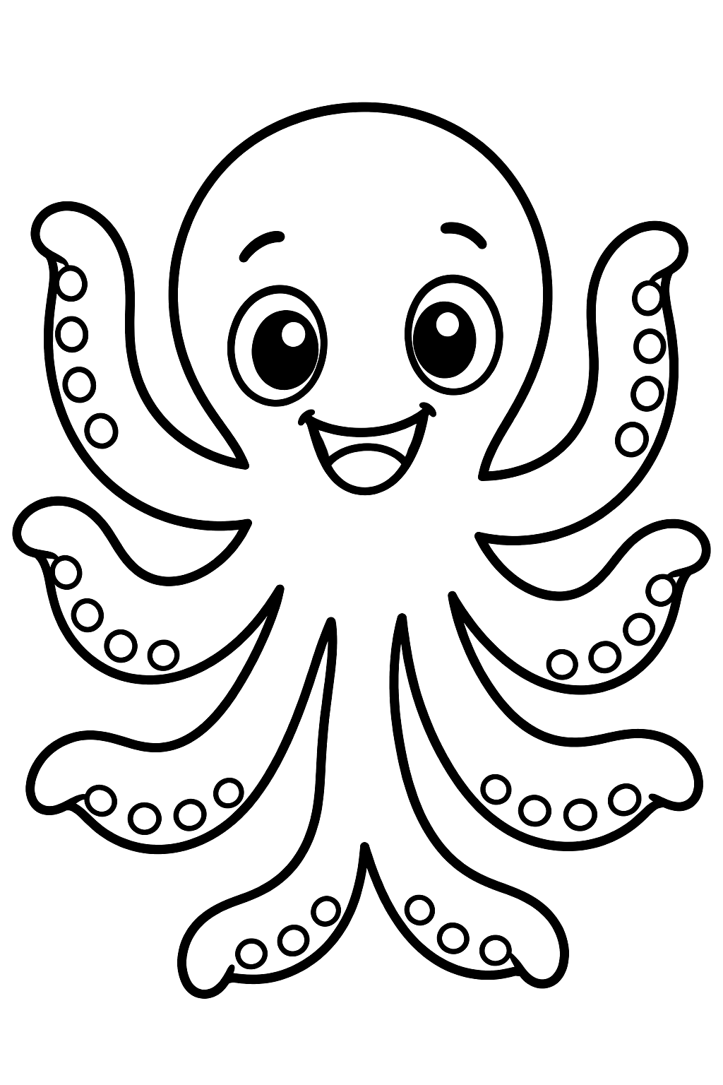 Octopus smiling and waving all eight arms hello coloring page